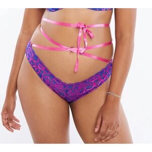Savage X Fenty Brazilian Bikini 1X Blue Pink Bite Me Lace Strappy Lingerie NEW